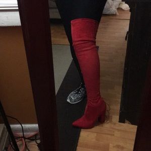 Red thigh high boots